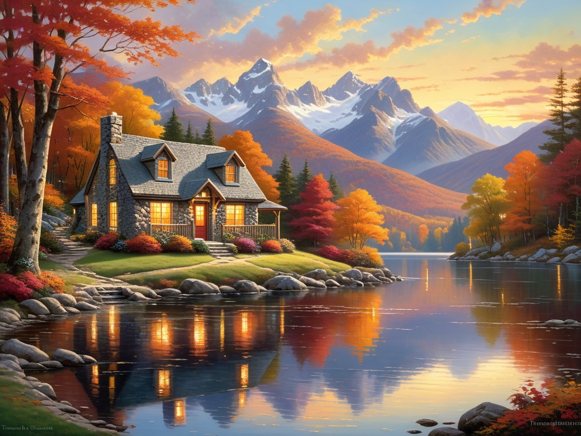 Stone Cottage by Serene Lake in Autumn Foliage