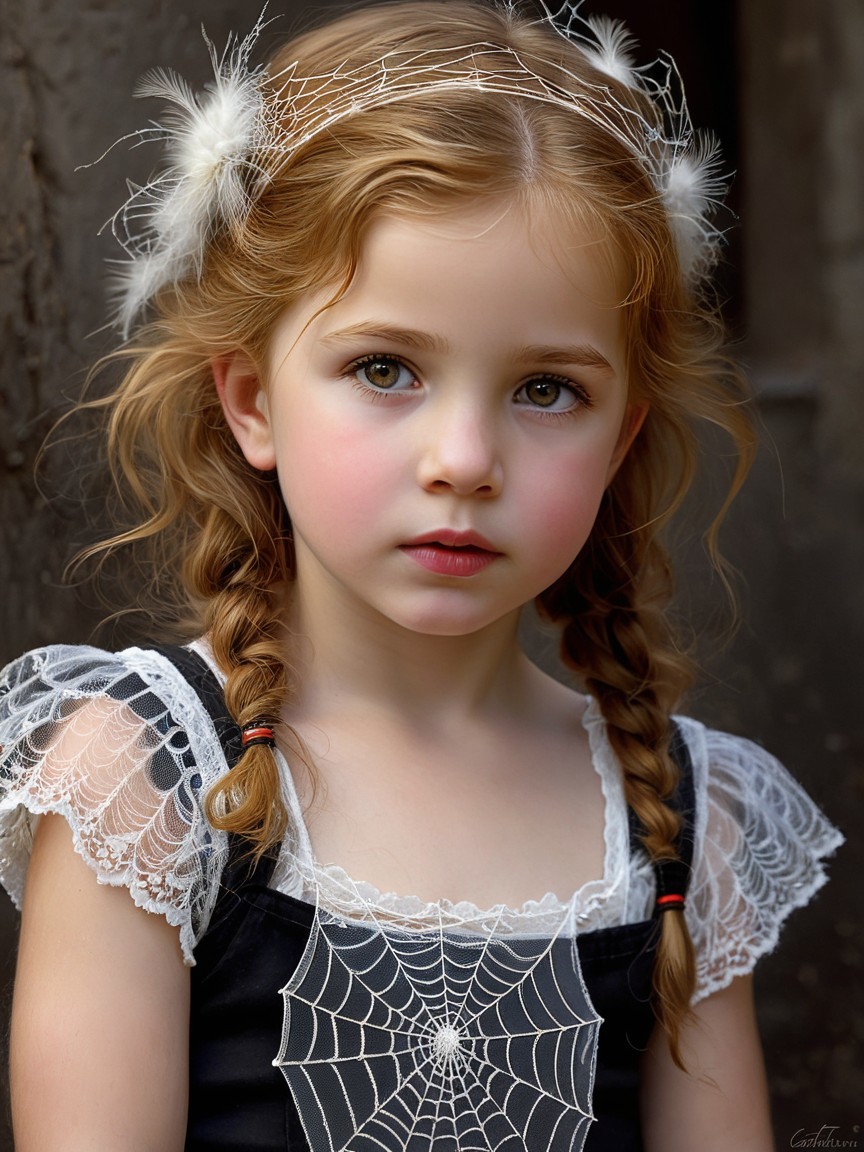 Portrait of a Young Girl in Black Dress with Braids