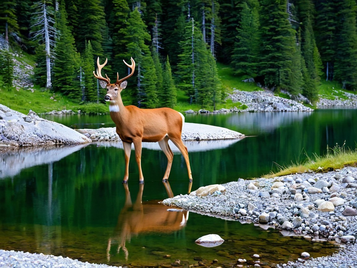 Deer by a Serene Lake Surrounded by Lush Nature
