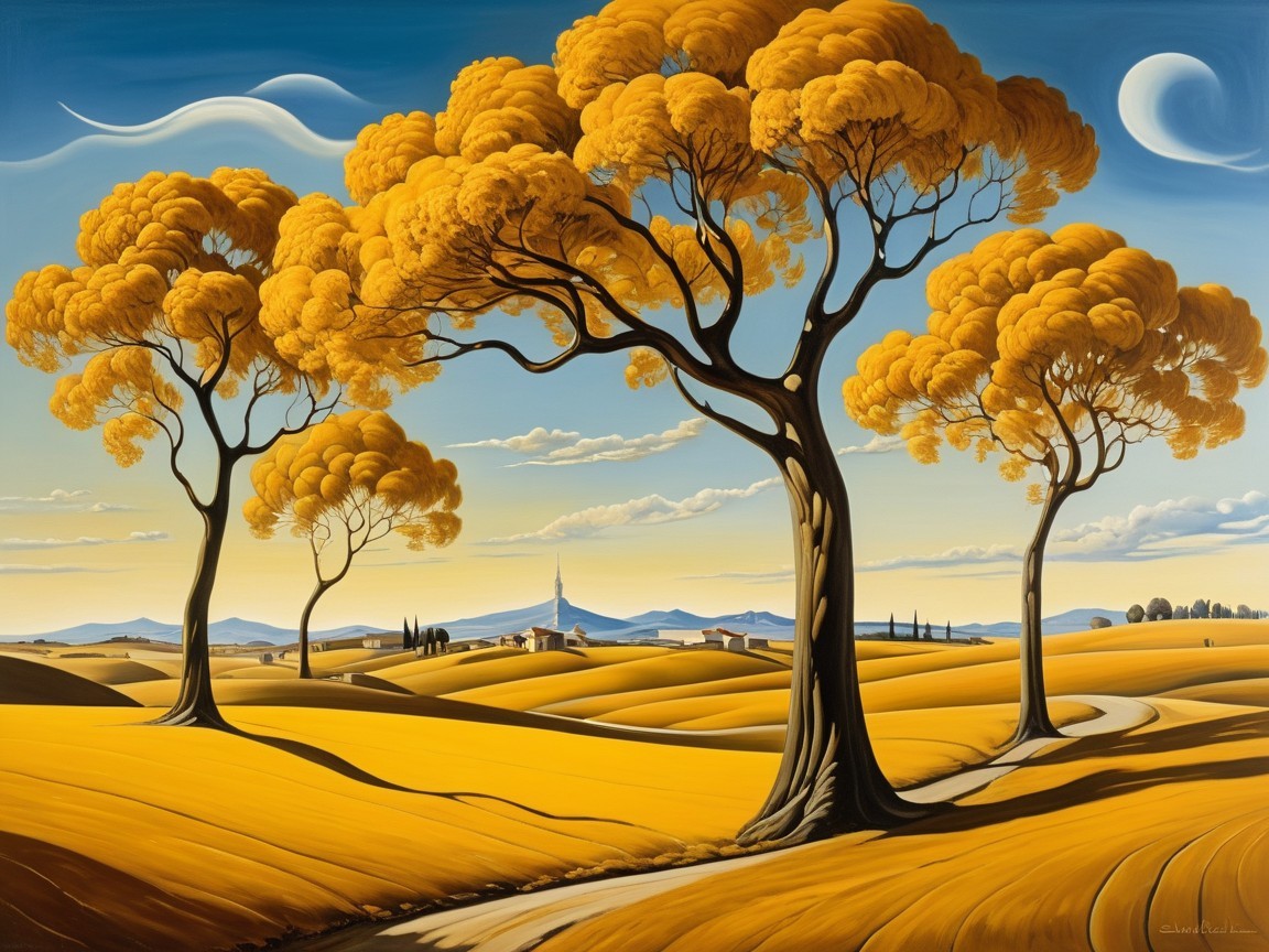 Golden Tree Landscape with Winding Road and Village
