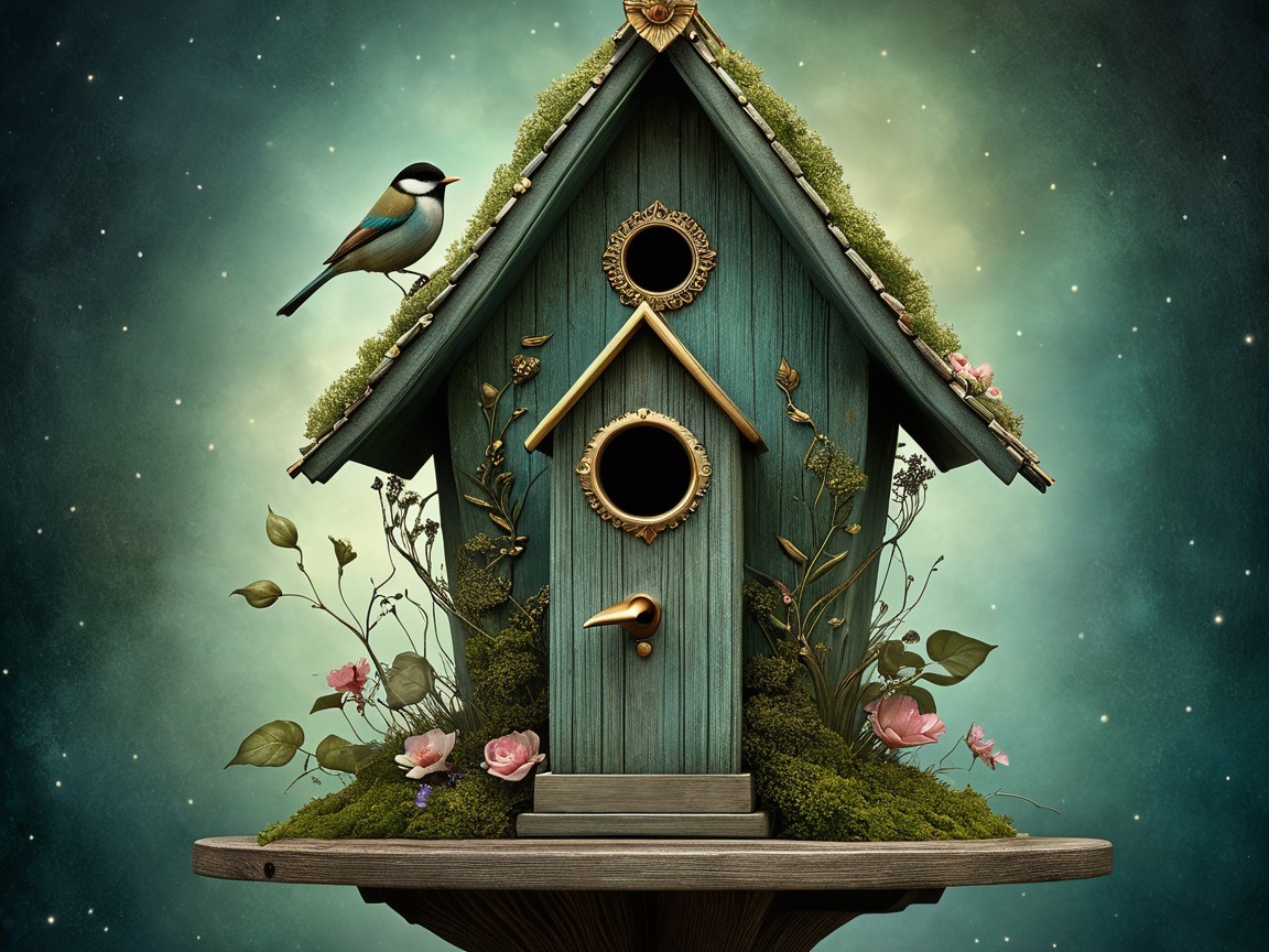 Whimsical Dark Teal Birdhouse Under Starry Sky