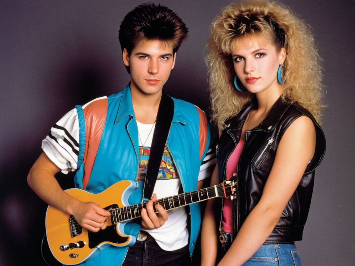 1980s Fashion with Electric Guitar and Leather Vest