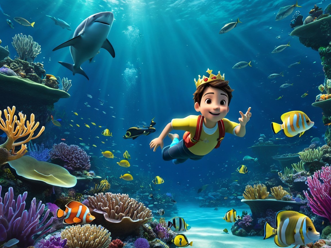 Young Boy in Crown Swims Among Coral Reefs and Fish