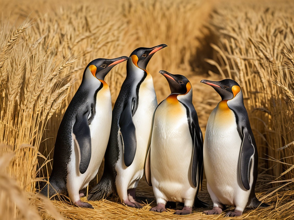 King penguins in a golden wheat field setting