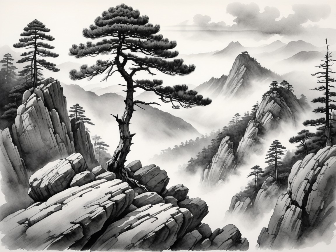 Serene Landscape with Rocky Mountains and Pine Tree