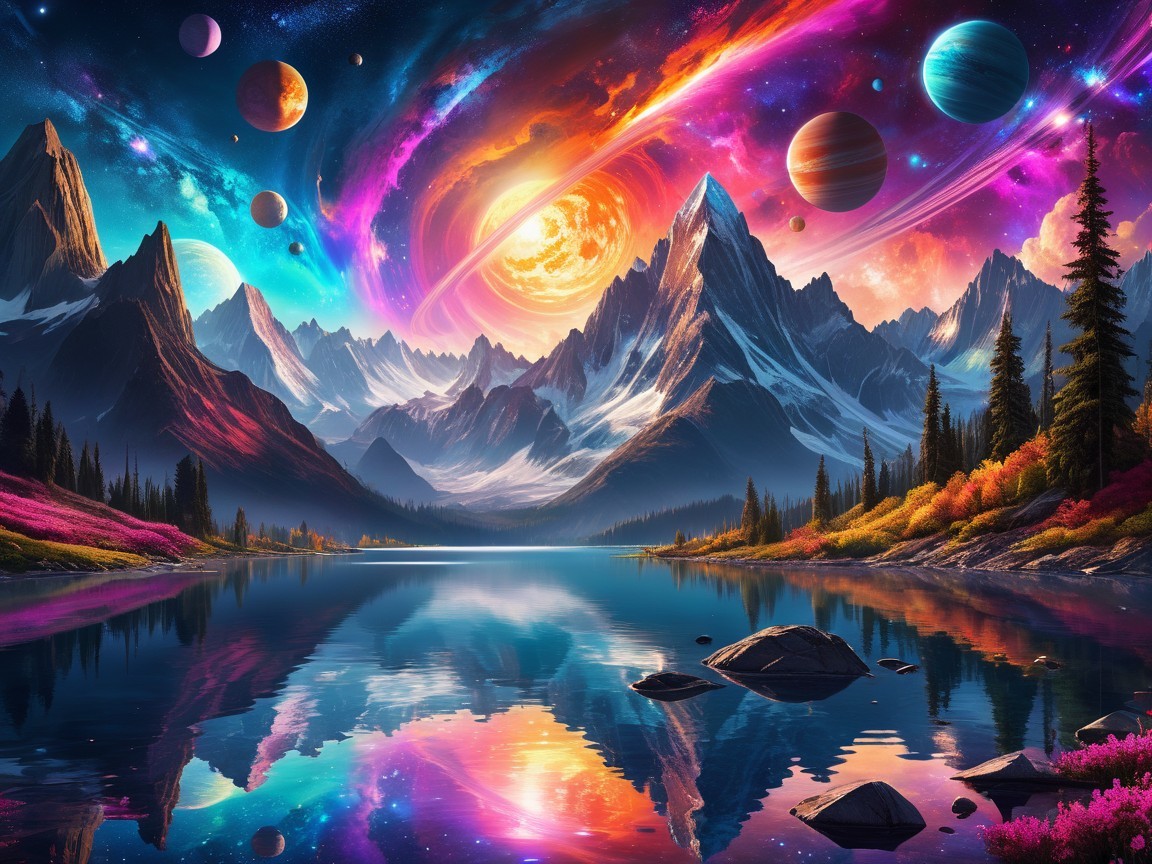 Cosmic Landscape with Mountains and Reflective Lake