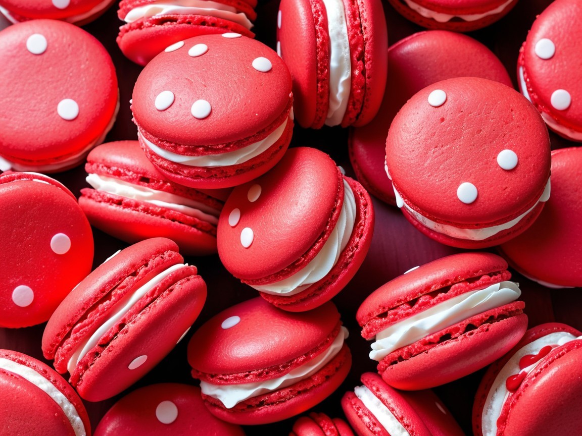 Vibrant Red Macarons with Creamy Filling and Polka Dots
