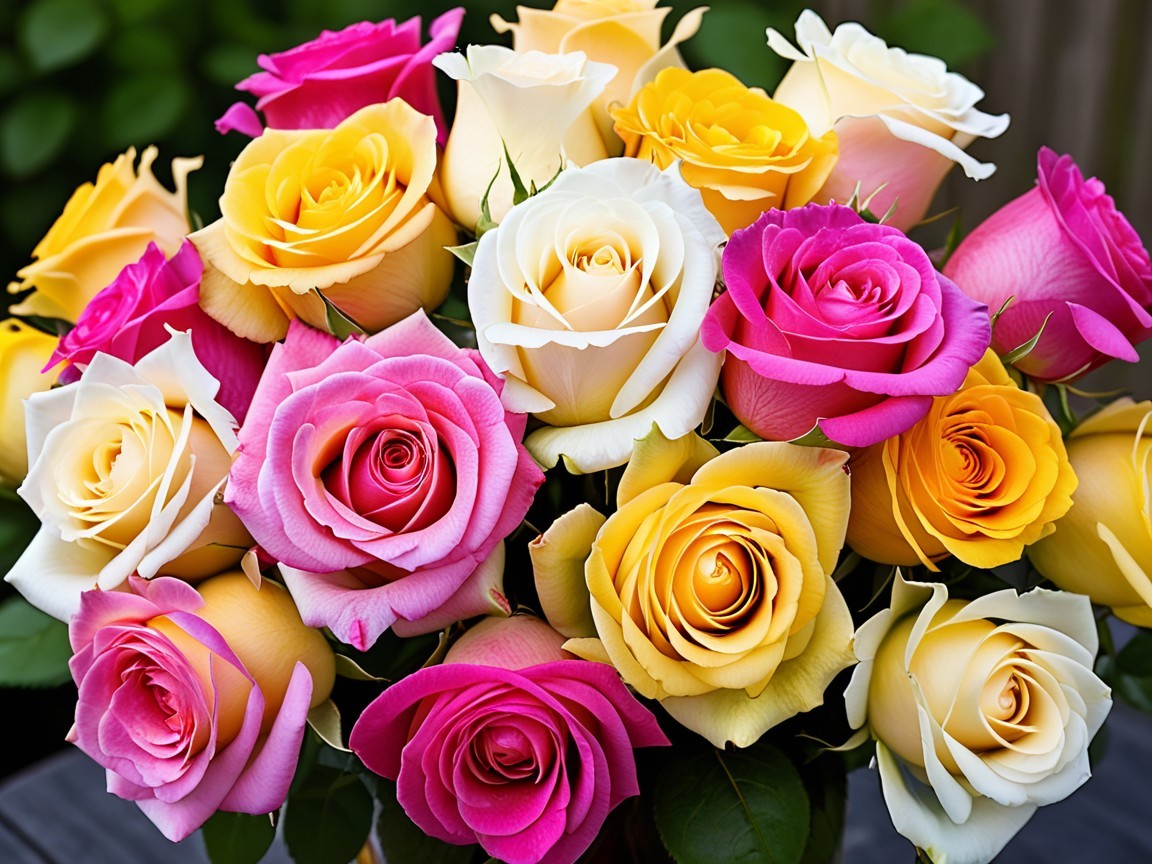 Vibrant Mixed Color Rose Bouquet with Green Leaves