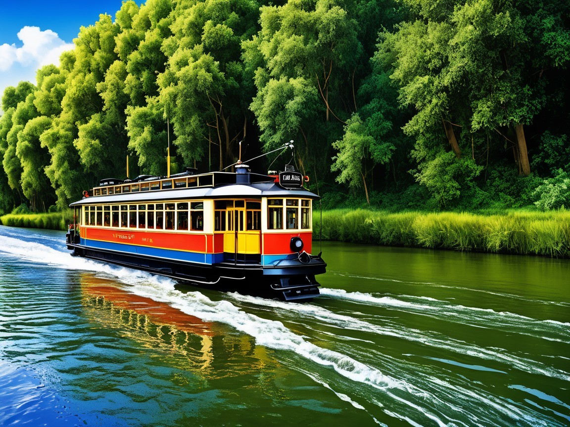Vintage Tram on Serene River with Lush Greenery