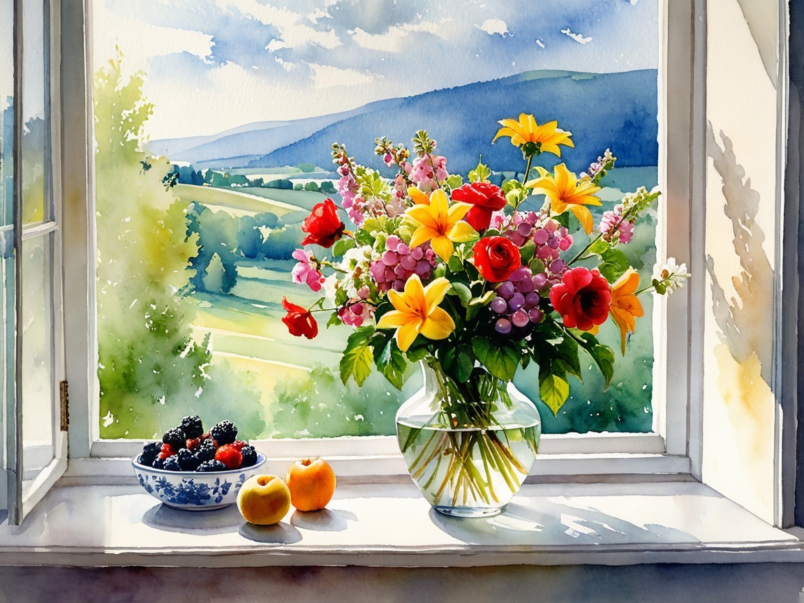 Watercolor Still Life with Berries and Wildflowers
