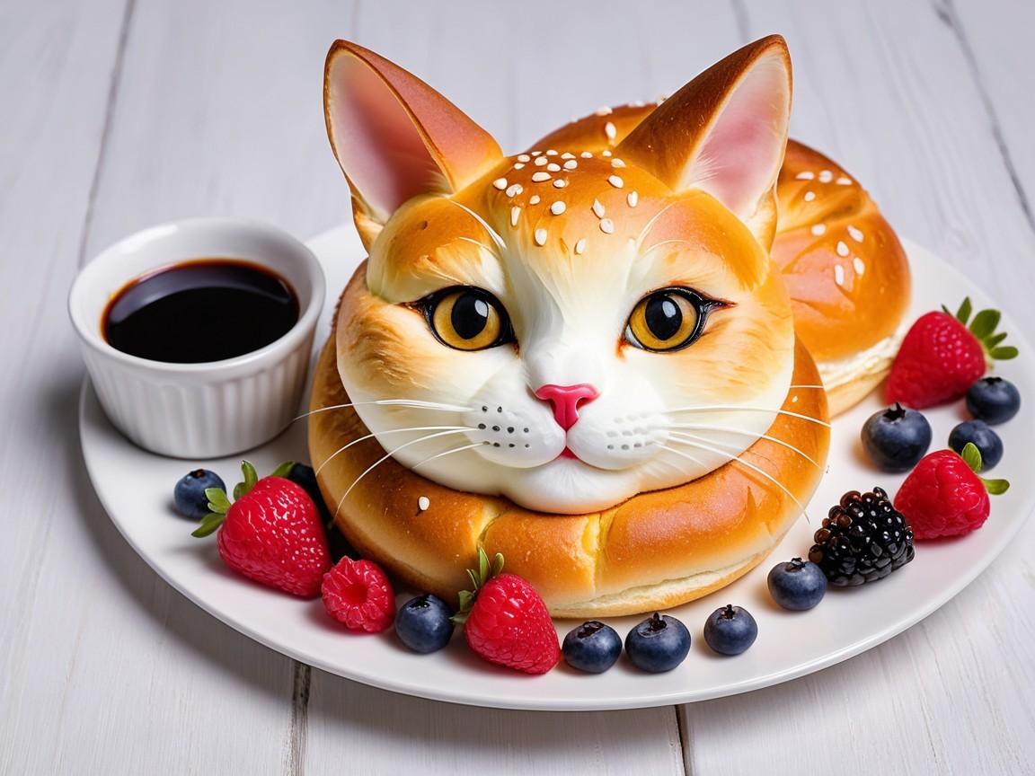 Cat-Shaped Pastry Dessert with Fresh Berries