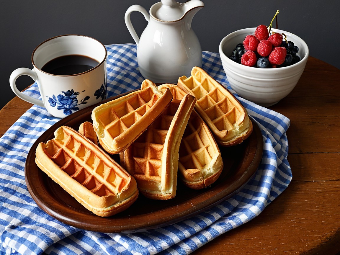 Wooden Platter with Waffles, Coffee, and Berries