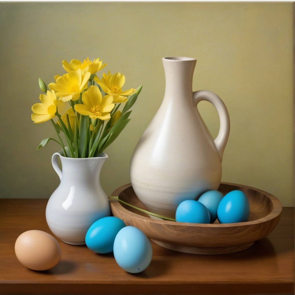 Still Life with Beige Jug, White Vase, and Colorful Eggs
