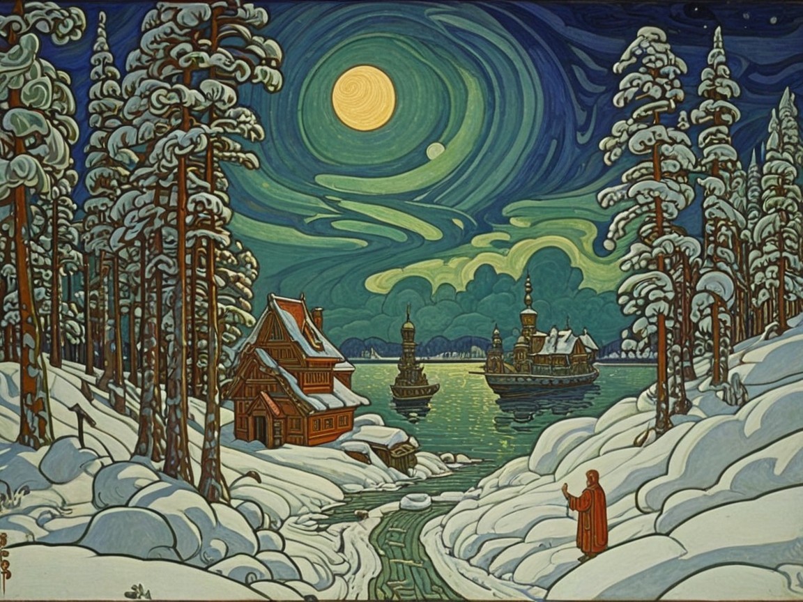 Moonlit Winter Landscape with Cabin and Ships
