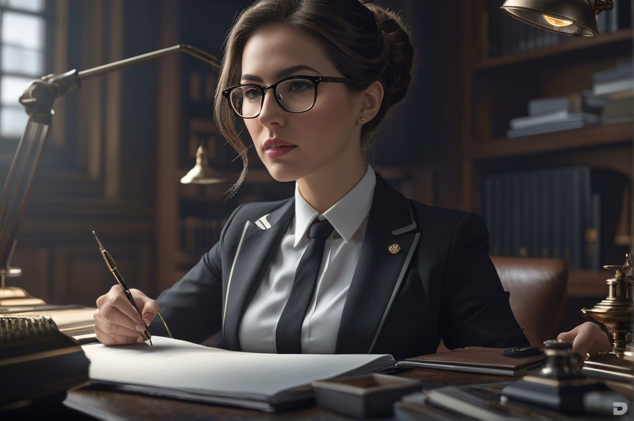 Young Woman in Black Suit Writing in Elegant Library