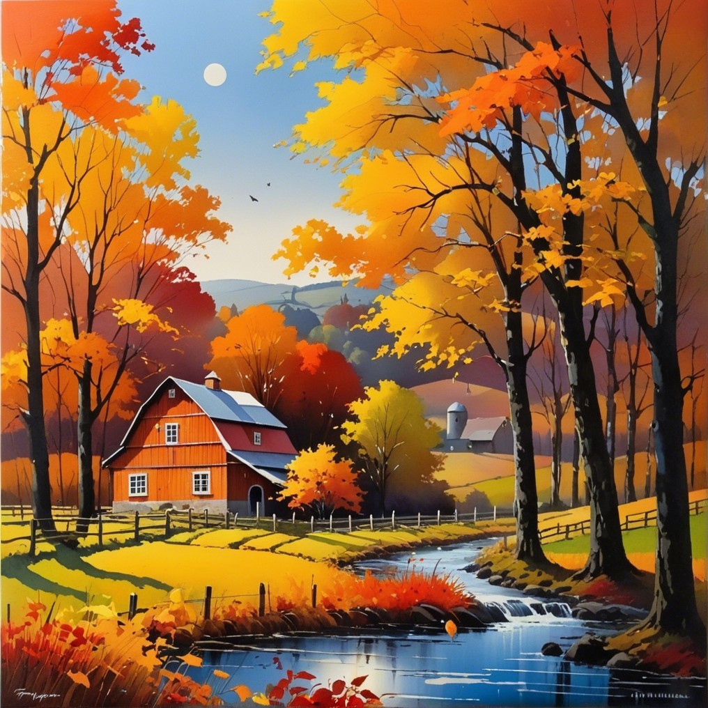 Autumn Landscape with Barn, Trees, and Stream