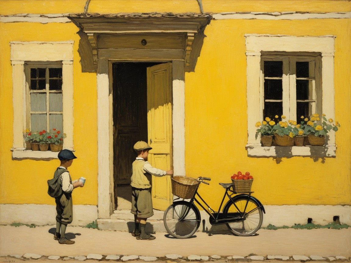 Boys Outside Yellow House with Bicycle and Apples