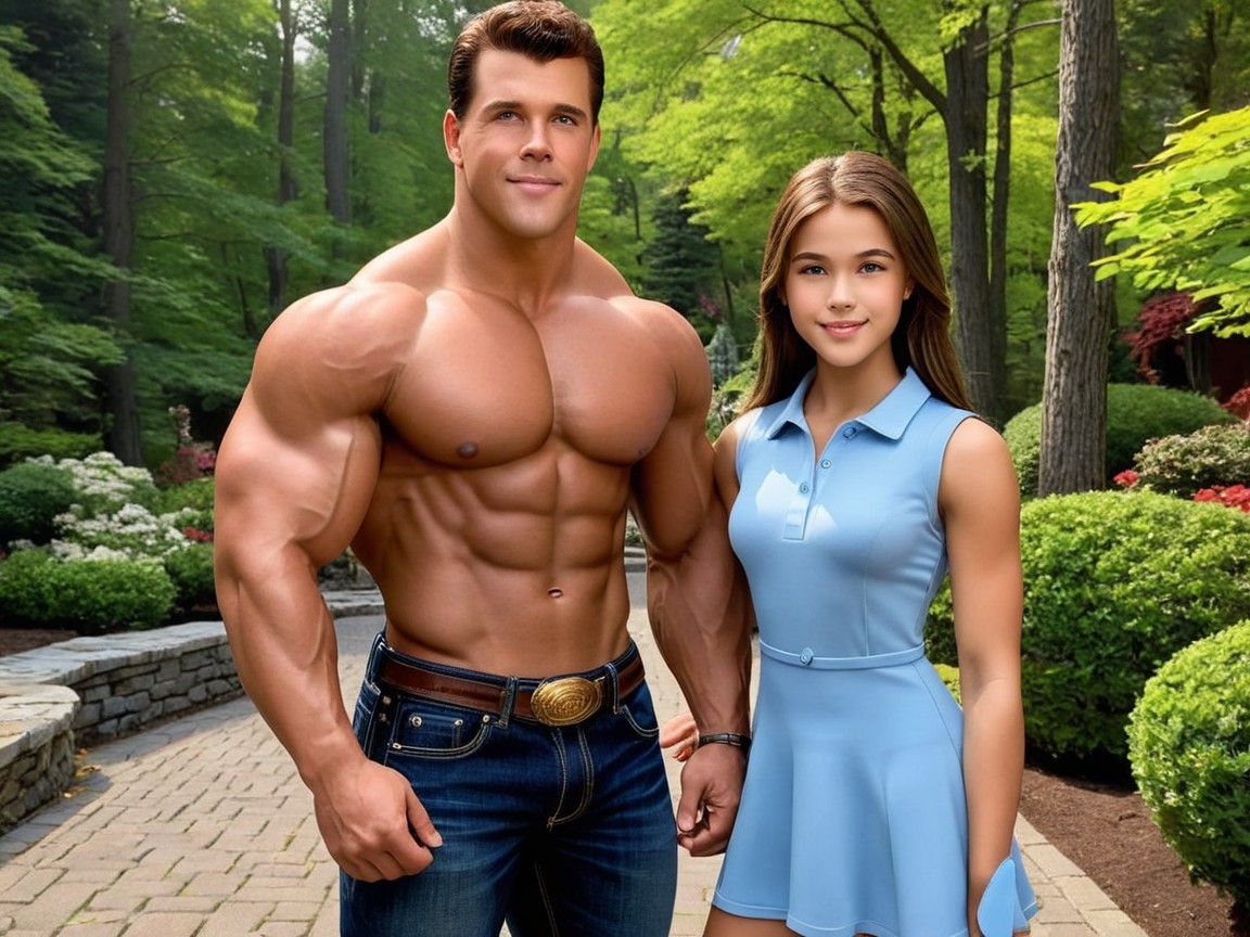 Muscular Man and Girl in a Lush Garden Setting