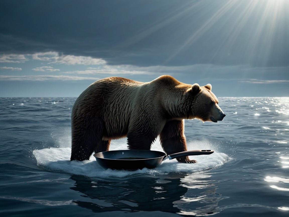 Brown bear on melting ice floe in dark ocean scene