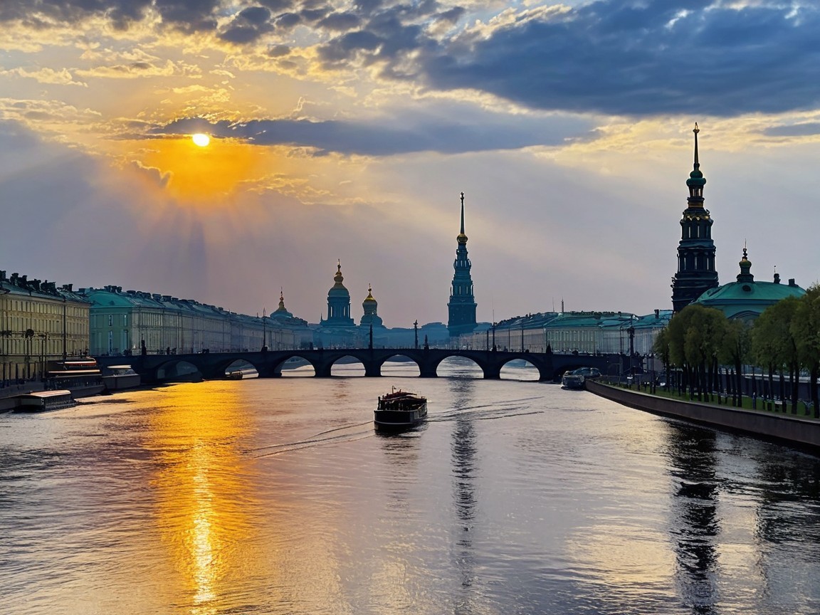 Serene Sunset Over City River with Historic Silhouettes