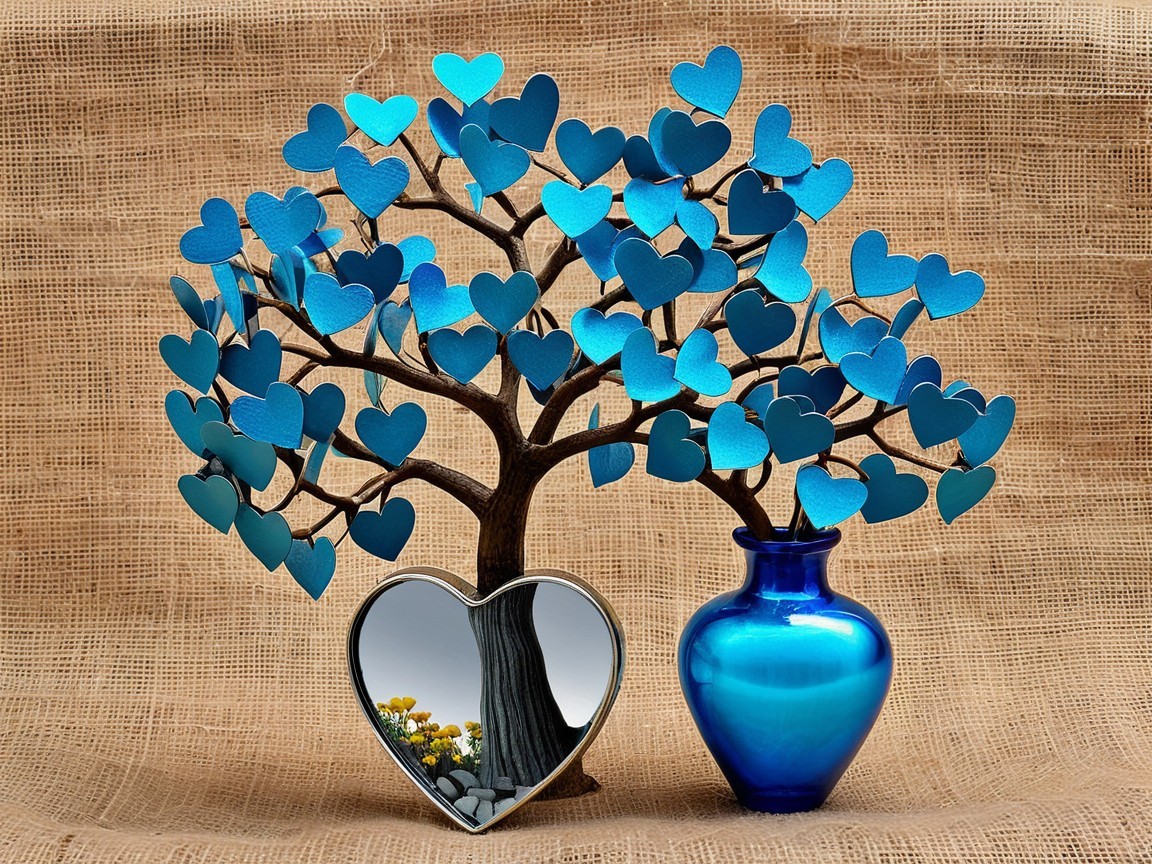 Miniature Tree Composition with Teal Leaves and Blossoms