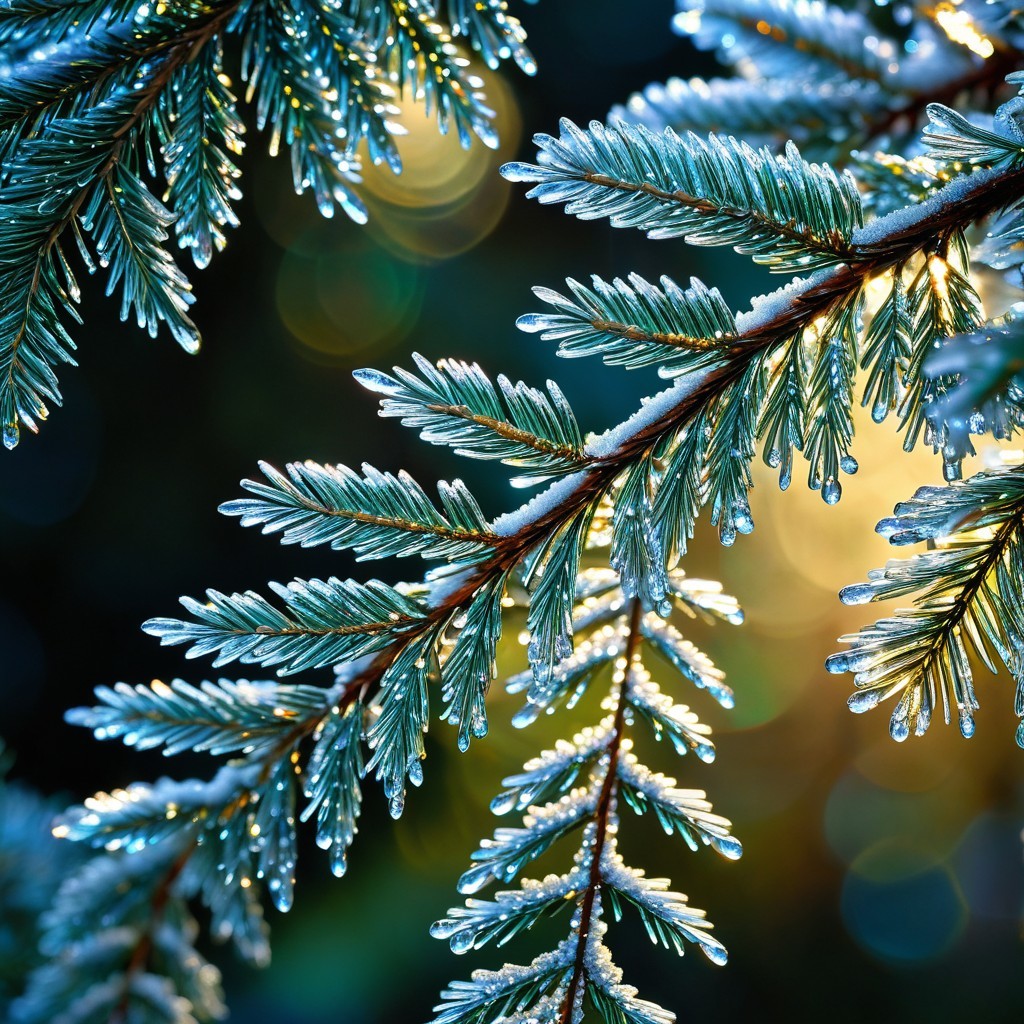 Frosted Evergreen Branches with Sunlight and Bokeh