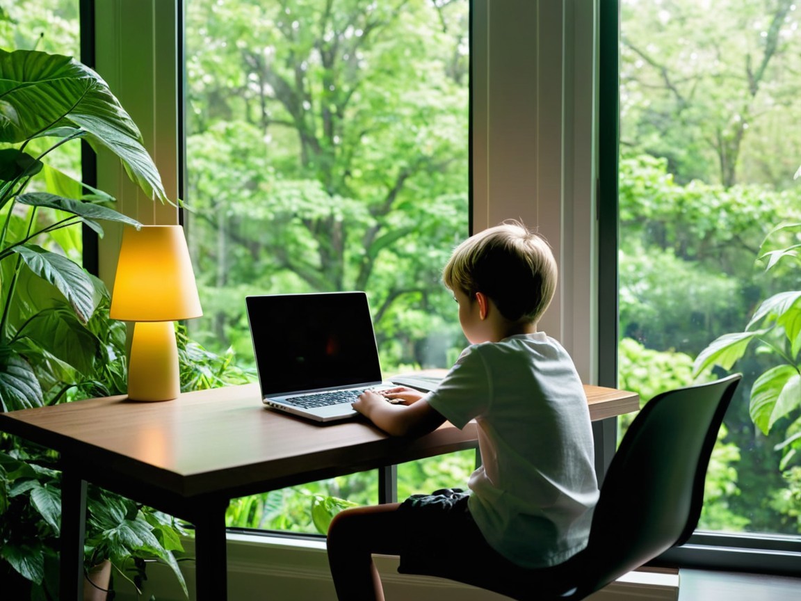 Child at Wooden Desk with Laptop in Bright Room