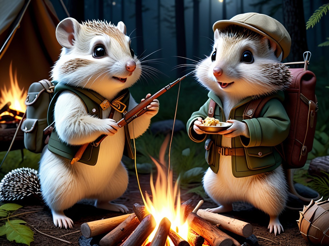 Baby Porcupines Camping by a Campfire at Night