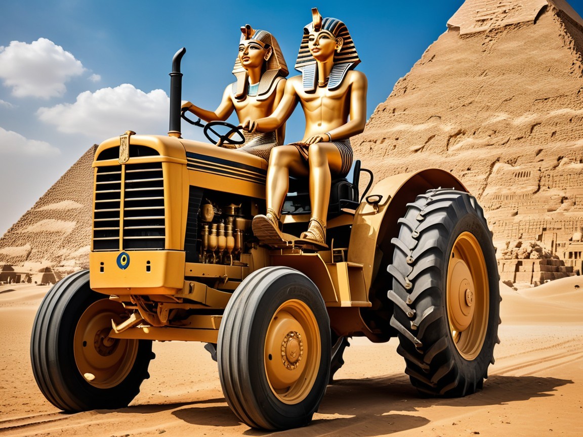Desert Landscape with Golden Pharaohs on Tractor