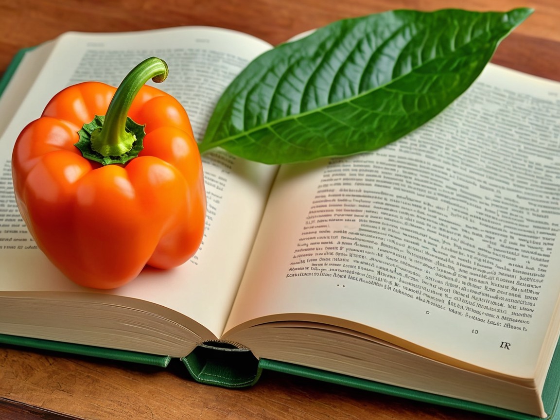 Open Book with Orange Bell Pepper and Green Leaf