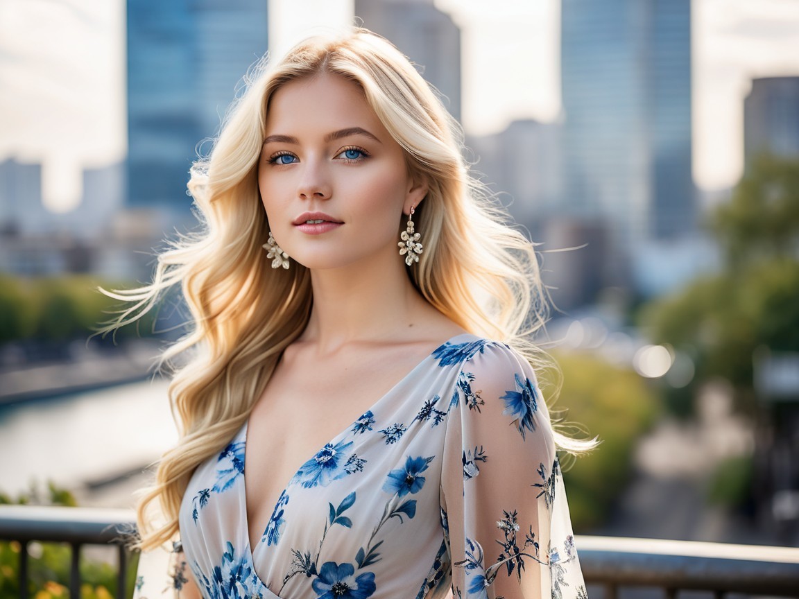 Young Woman in Floral Dress Against Cityscape Background