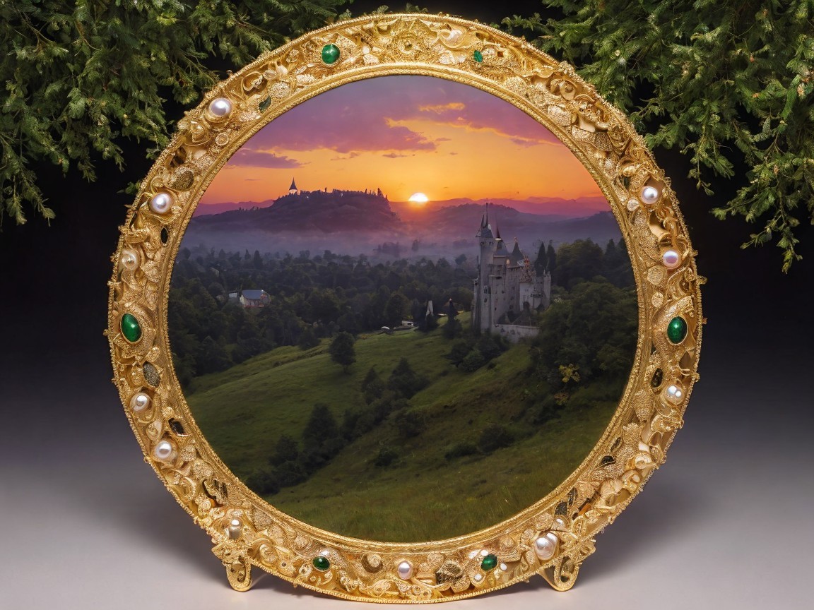 Ornate Mirror Framing a Majestic Castle Landscape