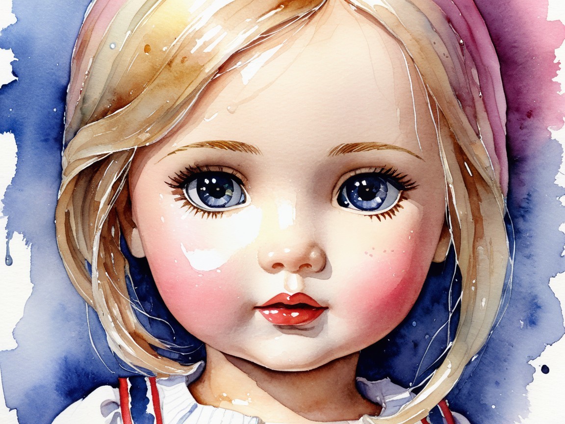Portrait of a Doll with Blue Eyes and Colorful Outfit
