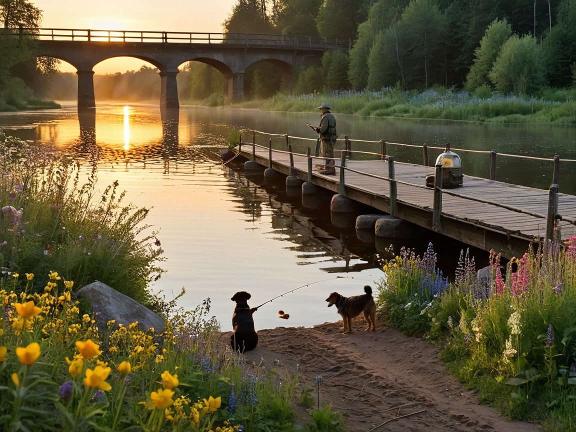 Serene Rural Landscape with Sunset and Bridge Reflection