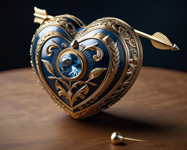 Ornate heart-shaped box with golden detailing and gem