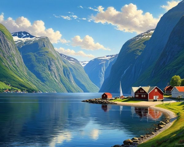 Serene Fjord Landscape with Mountains and Houses