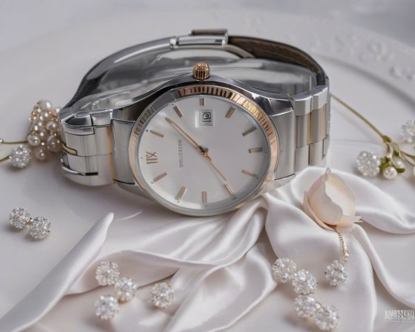 Elegant Silver and Gold Wristwatch on Silk Fabric