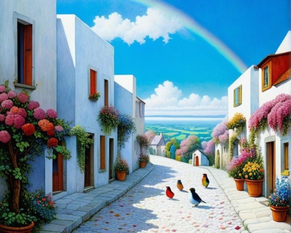 Charming Cobblestone Street with Vibrant Flowers and Birds