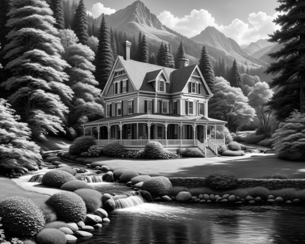 Victorian House Surrounded by Mountains and Forests