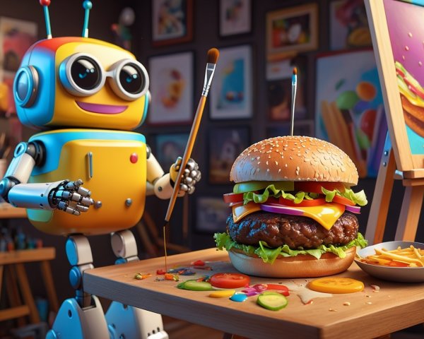 Colorful Robot in Art Studio with Hamburger and Paint Supplies