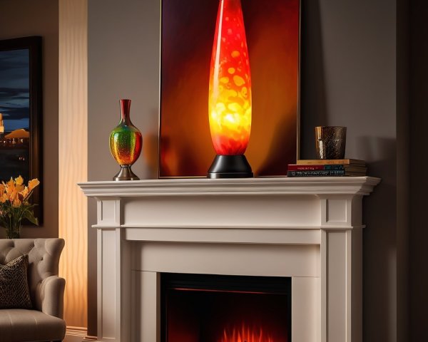 Vibrant Lava Lamp and Decor on White Mantelpiece