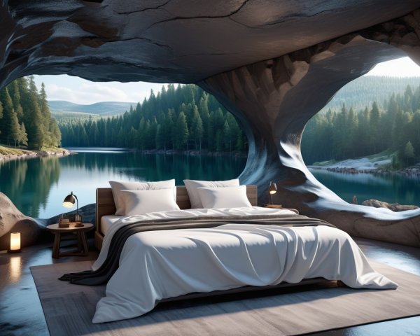 Serene Bedroom in a Natural Cave with Lake Views