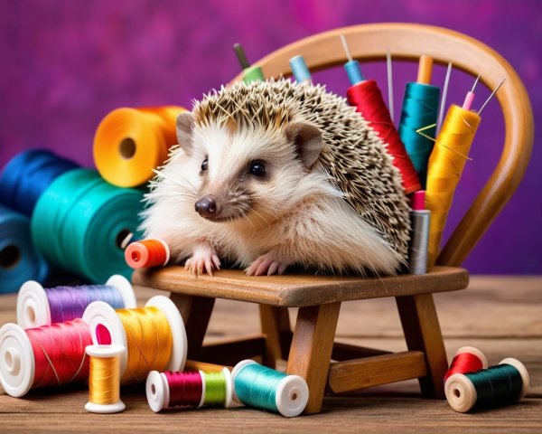 Hedgehog on Chair Surrounded by Colorful Threads