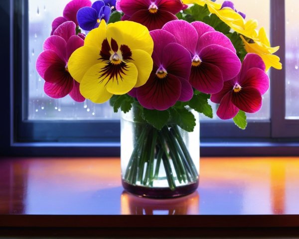 Multicolored Pansies in Clear Glass Vase on Windowsill