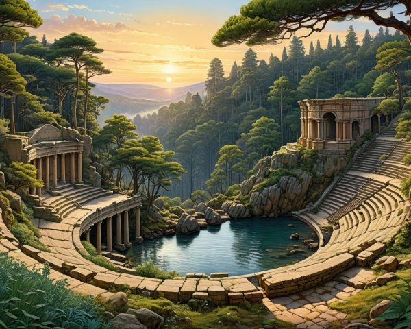 Ancient Ruins Surrounded by Lush Greenery and Mountains