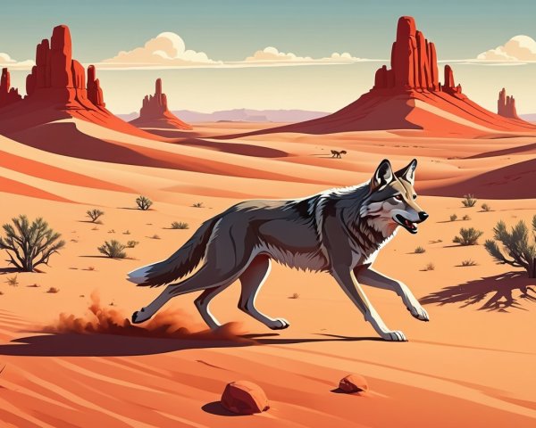 Coyote in a Desert Landscape with Red Rocks and Sky
