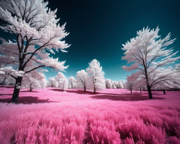 Vibrant Pink Field with Glowing White Trees in Infrared
