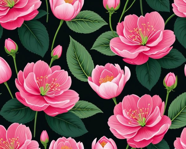 Vibrant Floral Pattern with Pink Flowers and Green Leaves