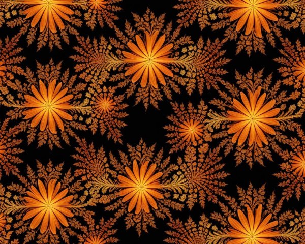 Large Orange Fractal Flowers on Black Background Pattern