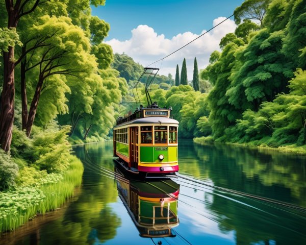 Colorful Vintage Tram by Serene River and Greenery